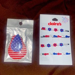 Claire’s red white & blue hair accessories & faux leather teardrop earrings set